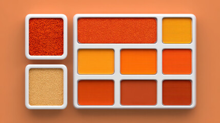 Fototapeta premium Bright orange and yellow spices arranged in white containers create vibrant still life perfect for autumn and halloween themes