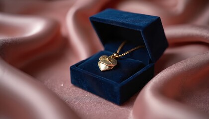 Elegant gold necklace with heart-shaped pendants rests in dark blue velvet jewelry box. Luxurious accessory presented on soft, flowing pink satin fabric, creating sophisticated, celebratory