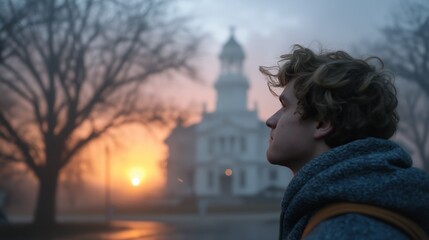 Young man in Russia early in the forggy misty morning  in a hoodie observing the morning landscape near the orthodox church in autumn