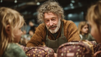 Older bearded shopkeeper helps two young girls choose floral backpacks in a cozy, well-lit store. Friendly, trustworthy mood fits school retail, family values ads, promotions and community campaigns.