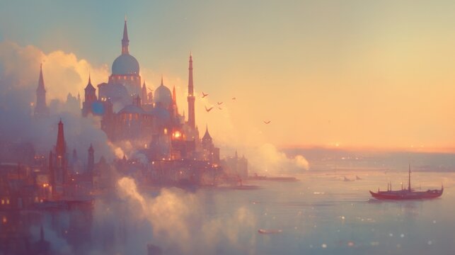 Exotic waterfront city at dawn