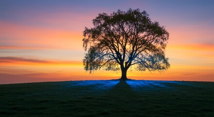 Naklejka premium Majestic Solitary Tree Standing Tall Against a Breathtaking Sunset Sky