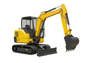 Isolated yellow mini excavator machine for construction work with excavation bucket