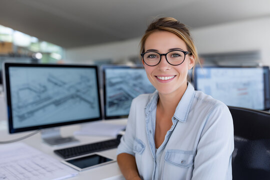 Portrait of a smiling female 3D  designer working in a modern architectural or engineering office, sitting at a tidy desk with dual monitors displaying detailed 3D construction