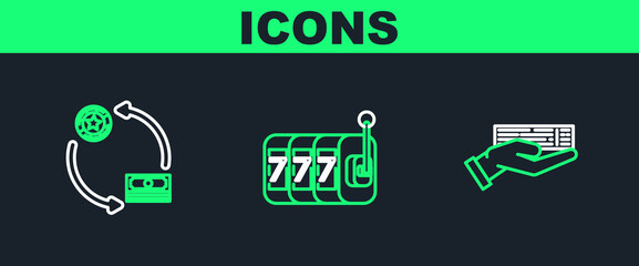 Set line Hand holding deck of playing cards, Casino chips exchange on stacks dollars and Slot machine with lucky sevens jackpot icon. Vector