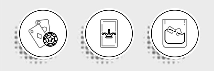 Set line Glass of whiskey and ice cubes, Casino chip playing cards and Joker icon. Vector