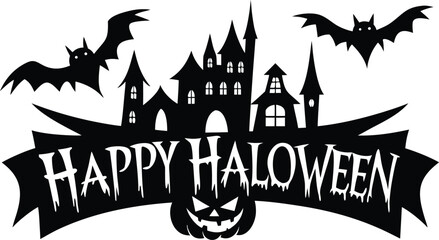 Photo of happy halloween castle with bats and pumpkin