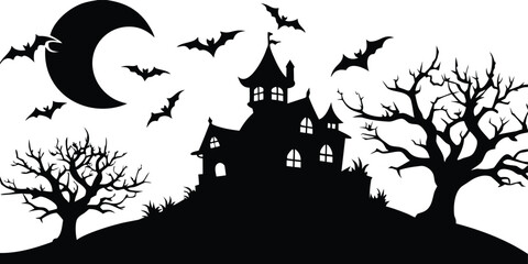 Photo of silhouette of a haunted house with bats flying around a large moon and spooky trees