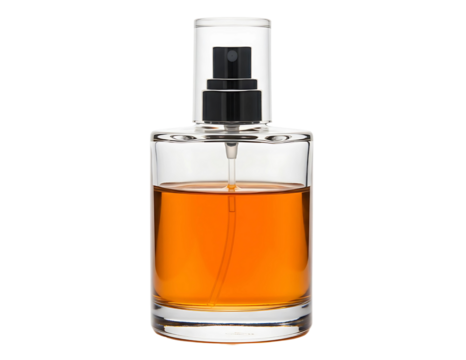 Clear glass perfume bottle with amber liquid and black spray pump isolated on transparent background