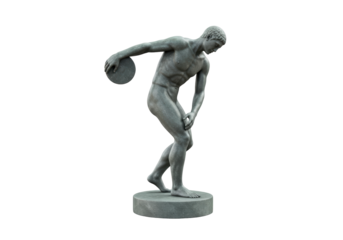 Isolated Discobolus statue throwing discus in mid-motion, ancient Greek athlete sculpture