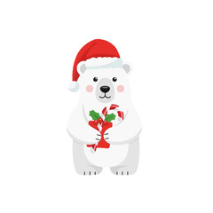 Festive Polar Bear with Santa Hat Holding Candy Canes © Vektor