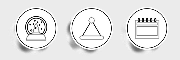 Set line Calendar, Christmas snow globe and Santa Claus hat icon. Vector