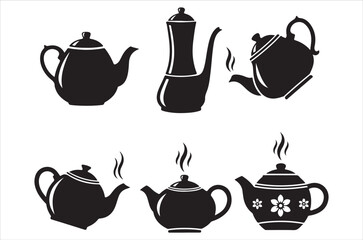 Teapot silhouette vector bundle illustration, Set of black Teapot silhouette vector, icon, retro on a white background.