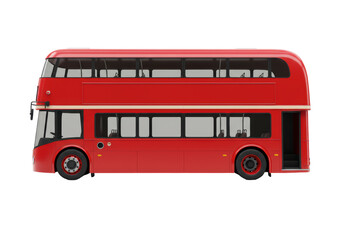 Isolated red double-decker bus, public transportation vehicle with side view; commercial use