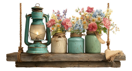 Vintage Lantern with Colorful Flowers on Wood Shelf