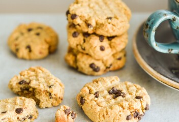 Freshly baked homemade chocolate chip cookies on a plate