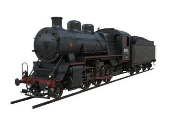 Fototapeta premium Isolated antique coal-powered locomotive on tracks, vintage industrial transportation equipment