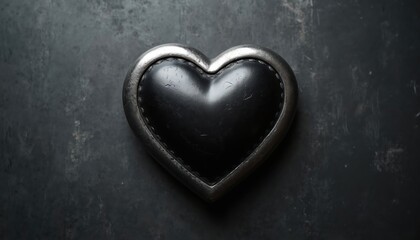 Bold black heart with metallic silver accents, subtle texture on dark moody background. Edgy symbol evokes industrial, gothic, passionate themes, perfect for design elements on Valentine cards