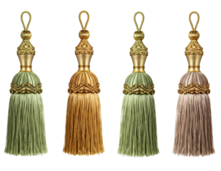 Four decorative tassels with gold accents isolated on transparent background