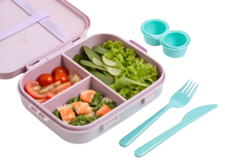 Open plastic bento box with healthy food and cutlery isolated on a transparent background image