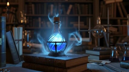 A glowing potion bottle in a wizard's library, magical mist all around, ultra-detailed fantasy.