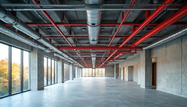 Unfinished modern office interior with exposed concrete ceilings, industrial ductwork, red fire sprinkler pipes. Large windows offer natural light, views of autumn trees. Empty, spacious commercial