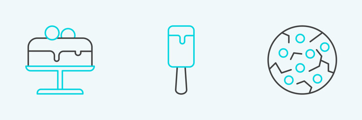 Set line Cookie or biscuit, Cake on plate and Ice cream icon. Vector