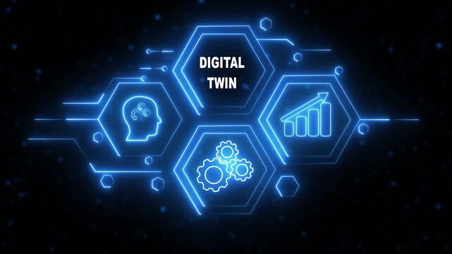 Abstract neon Hud knowledge ability business gear icon Glowing neon line concept. Glowing "DIGITAL TWIN" button in German on a futuristic, abstract wave technology on black background.