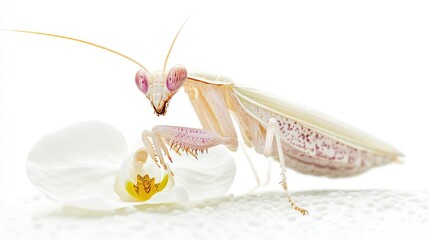 White praying mantis near orchid flower