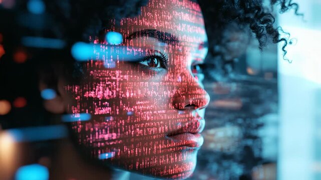 A close-up, side-angle shot of a woman's face overlaid with digital code, blending technology and human elements, perfect for a futuristic video theme. Live desktop wallpaper.