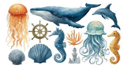 Marine Animal Illustrations on Transparent Background
