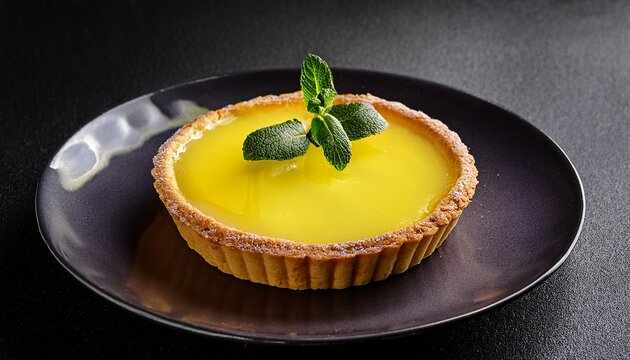 lemon tart dessert with mint garnish on black background - Powered by Adobe