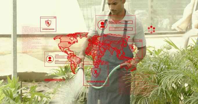 gardener squeezing hose nozzle and watering greenhouse plants while red hacking overlay glitching