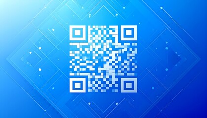 QR code on a gradient blue background with geometric shapes