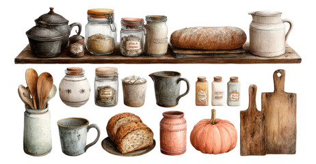 Vintage Kitchenware Collection on Transparent Background