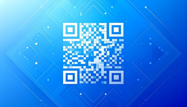 QR code on a gradient blue background with geometric shapes - Powered by Adobe