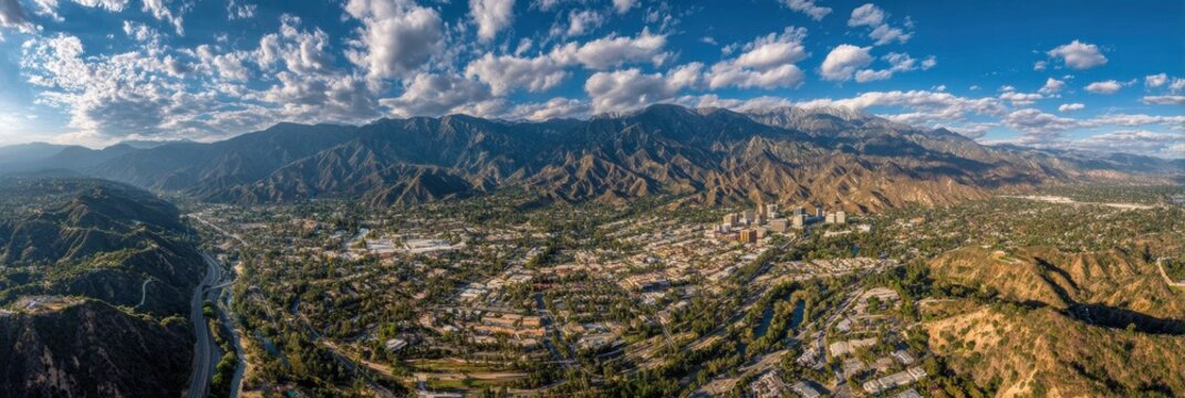 Arcadia California Aerial Afternoon: Cityscape with San Gabriel Mountains and Los Angeles in the Background