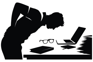 Silhouette of a person experiencing back pain while working at a desk with a laptop