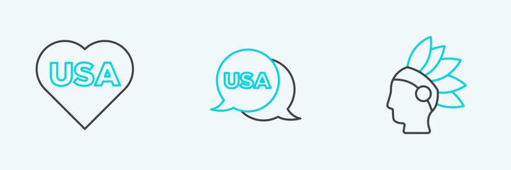 Set line Native American Indian, USA Independence day and icon. Vector
