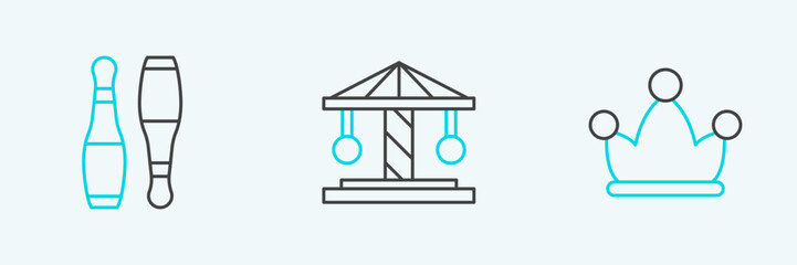 Set line Jester hat with bells, Bowling pin and Attraction carousel icon. Vector