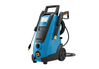 Isolated blue and black pressure washer machine for cleaning outdoors with accessories