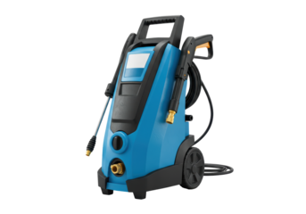 Isolated blue and black pressure washer machine for cleaning outdoors with accessories
