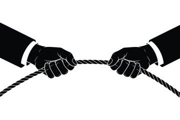 Two hands in suits pulling a rope in opposite directions symbolizing conflict © MDMINTU