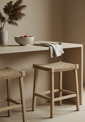 Kitchen Island with Stone Surface and Woven Stools