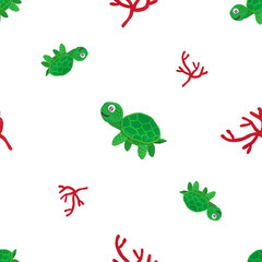 Cute green turtles and red coral made from plasticine on white background. Fun and colorful handmade sea life pattern in textile art style, ideal for kids design, fabric, or craft projects.