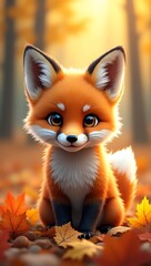 Fox cub sitting in autumn leaves