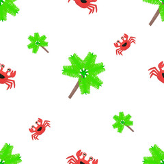 Playful plasticine artwork showing red crabs and coconut trees arranged on a white background. Bright and fun clay-style tropical pattern for kids’ design, summer themes, or textile art use.