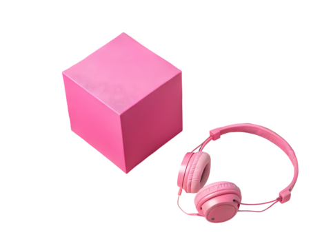 Pink cube and headphones isolated on a transparent background audio music