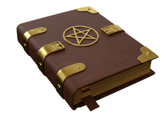Isolated leather-bound magical grimoire with occult symbol, antique volume, book of spells