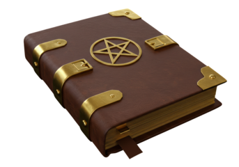Isolated leather-bound magical grimoire with occult symbol, antique volume, book of spells
